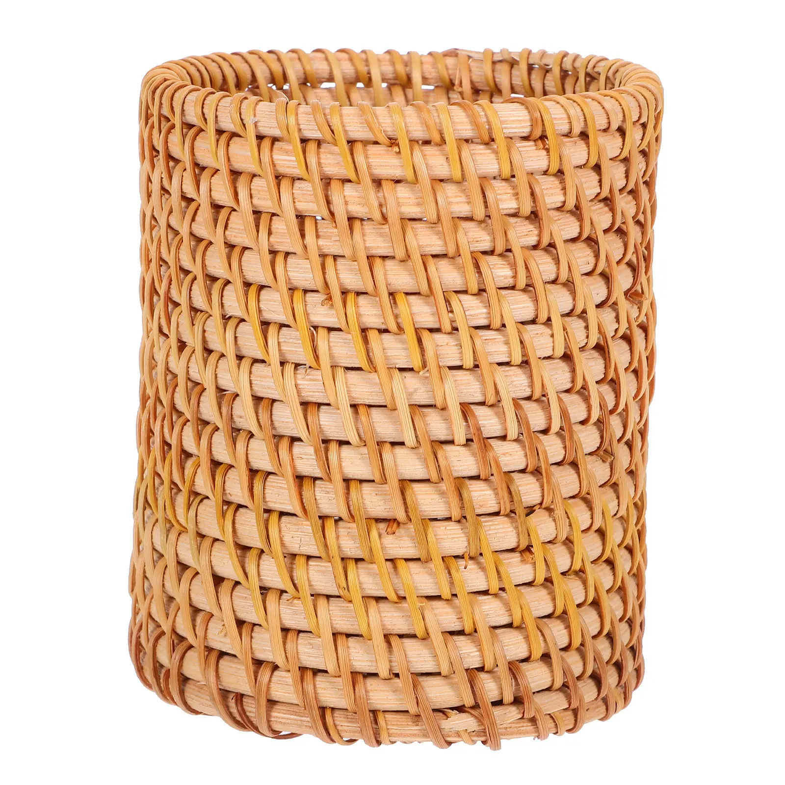 Rattan Desk Organizer Vintage Pen Holder Hand-Woven Round Base Pen Display Stand Stationery Storage for Workspace