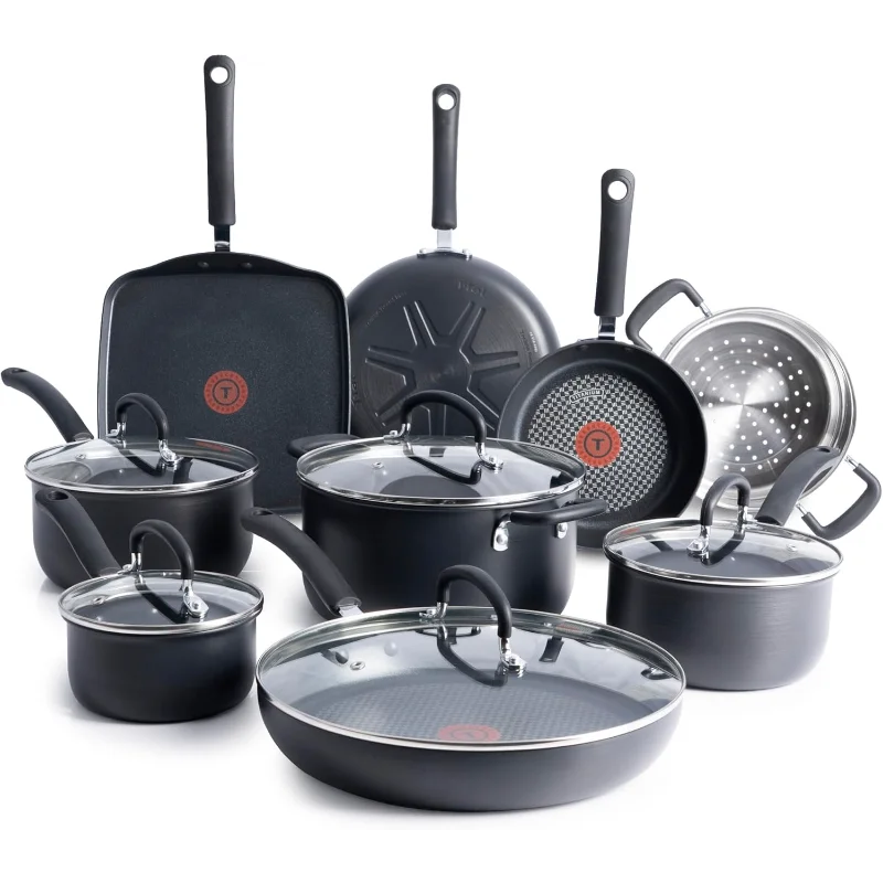

T-fal Ultimate Hard Anodized Nonstick Cookware Set 14 Piece, Oven Broiler Safe 400F, Lid Safe 350F, Kitchen Cooking Set w/Fry
