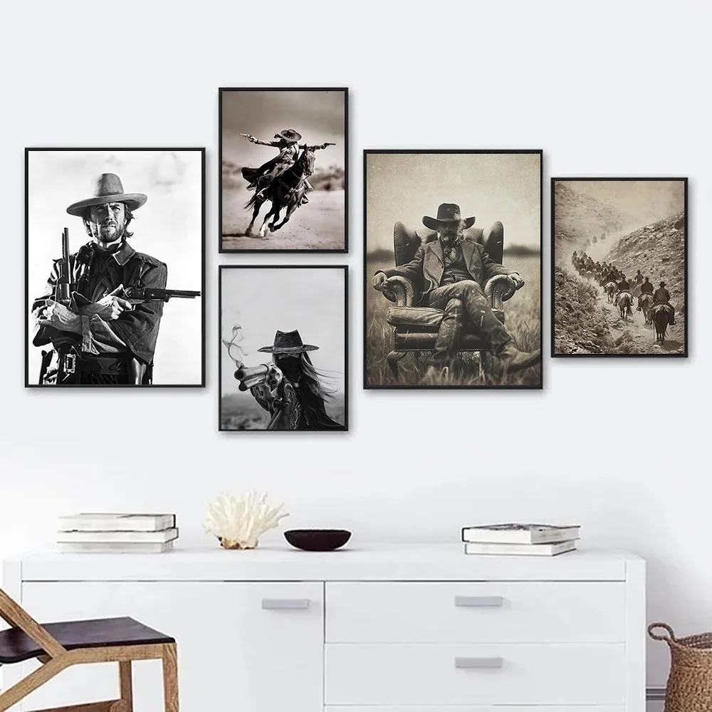 1 Pcs Legendary Western Triggerman Decor Painting - Gritty Revolver Shoot & Tobacco Portrait in Black & Sepia, Frameless