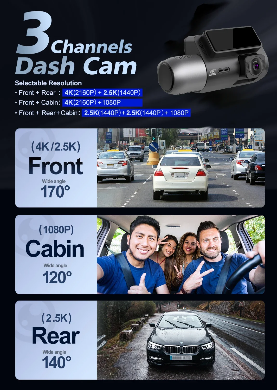 Car Camera 4K Wifi Gps Dash Cam Video Recorder Camera 360 Degree Panoramic View Security Three Lens Car Camera Dashcam