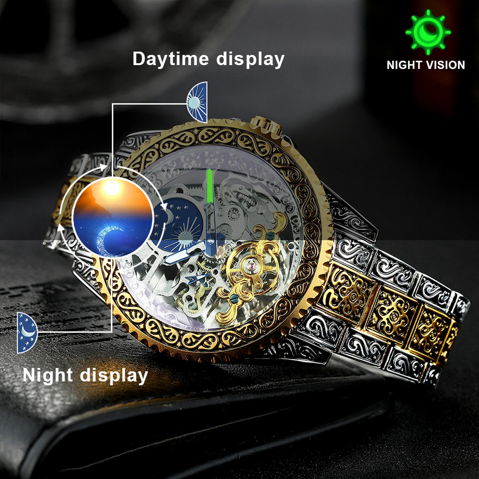 WINNER Luxury Moon Phase Tourbillon Skeleton Mechanical Watches Gold Engraved Automatic Men Watch Stainless Steel Strap Luminous