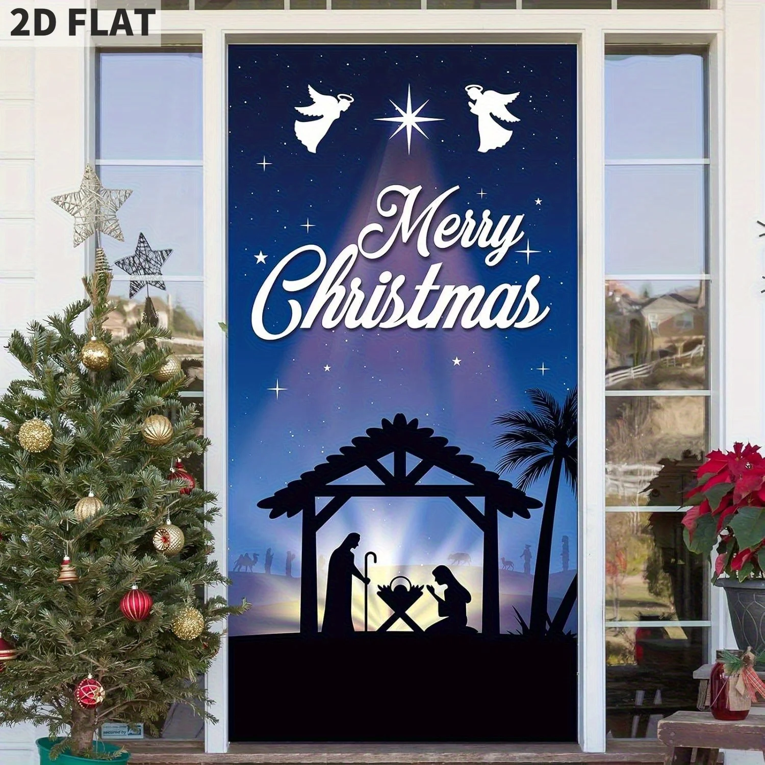 

Christmas Door Cover Decorations Scene Holy Nativity Religious Banner, Blue Merry Christmas Jesus Door Cover,Christmas Backdrop