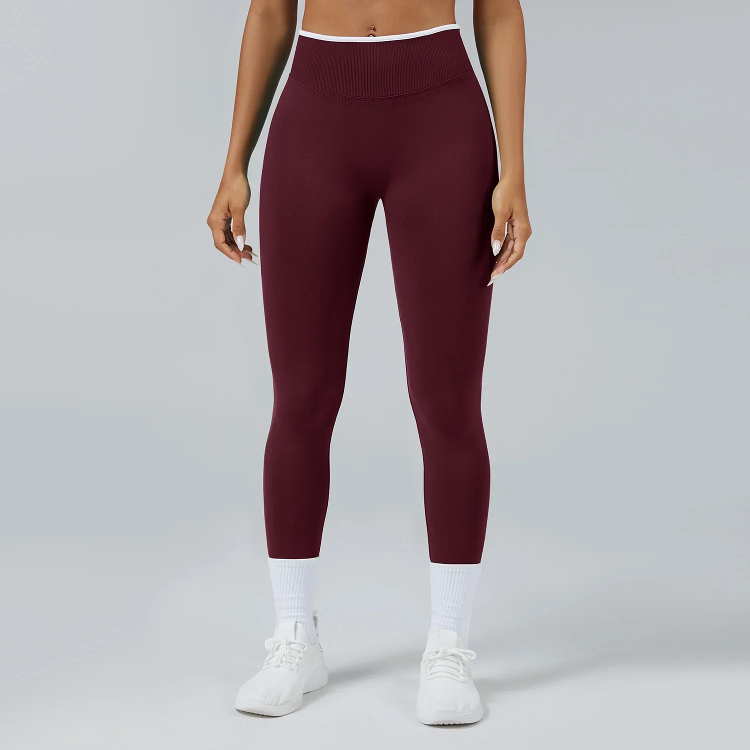 Women Seamless Ribbed Band High Waist Butt Lifting Sports Pants Leggings Compression Fitness Running Gym Workout Wear Suit
