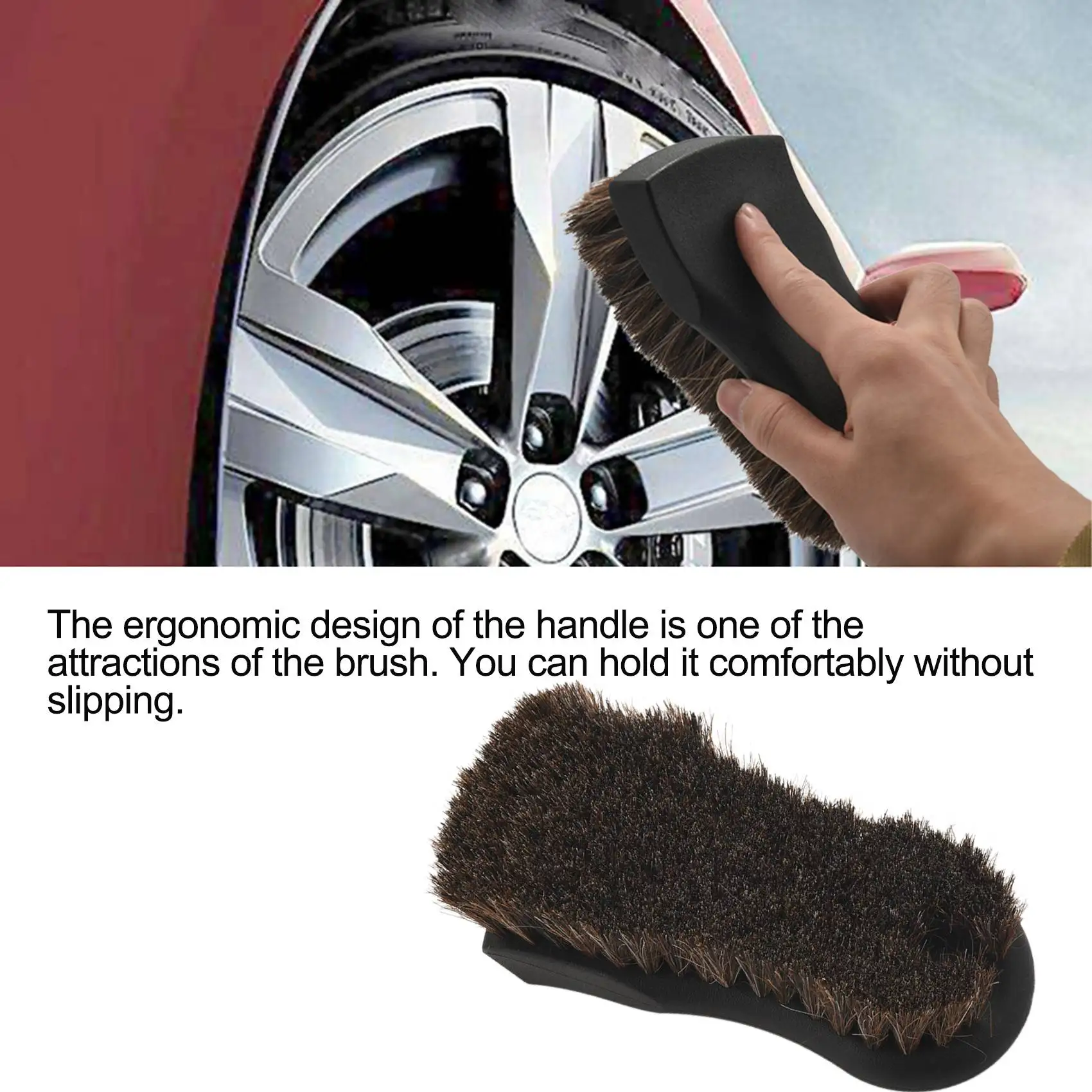 Car Cleaning Brush, Soft Horse Hair Detailing Brush Non-Slip Handle Wash Vehicle Brush for Rim Chassis, Radiator Grille