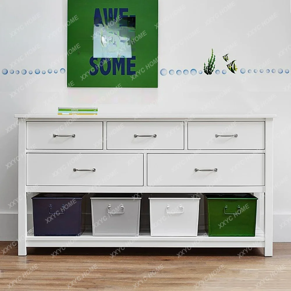 Solid Wood Dark Blue Children Dresser Boys Bedroom Chest of Drawers Teenager Simple Storage