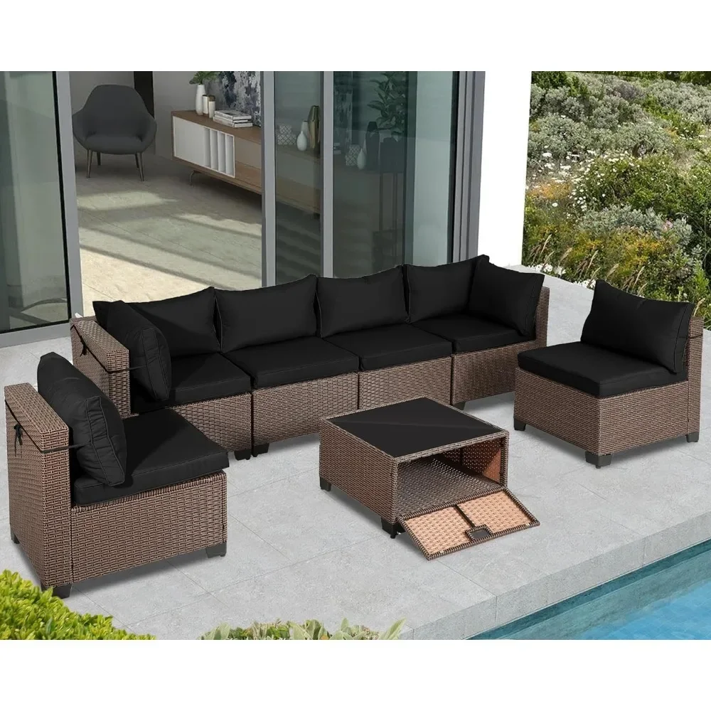 

Outdoor Sofa Sets, with Thickened Cushions and Storage Glass Coffee Table, 7 Piece All Weather Wicker Sofas Sets