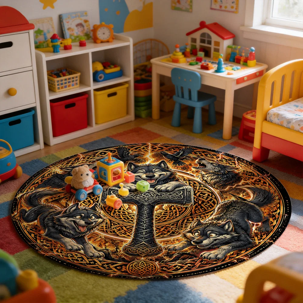 Large Round Wolf Tribal Steampunk Design Area Rug for Living Room Hallway Entrance Floor Mat