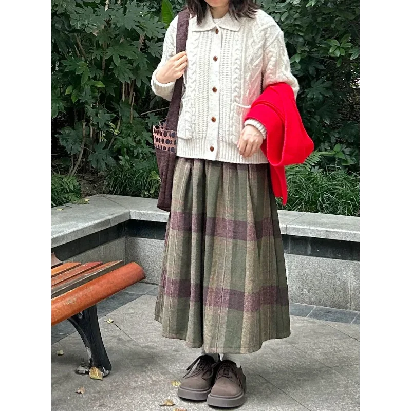 그린 올 매치 두꺼운 울 숲속 레트로 패션 캐주얼 대비 체크무늬 하프 스커트 중간 길이 신축성 있는 허리 우아한 스커트