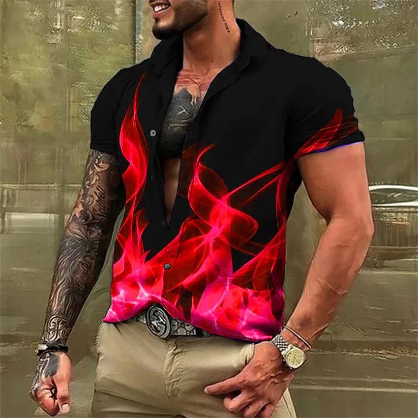 Men's T-shirt Top Shirt Flame Blue Red Yellow Lapel Shirt Sports Outdoor Casual Hawaiian Spring Summer