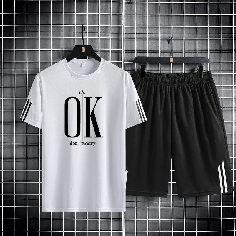 M-5XL OK 패턴 반팔 반바지 세트, 빠른 건조, 통기성, 패셔너블한 스포츠 세트, 남성용 야외 달리기, 여름