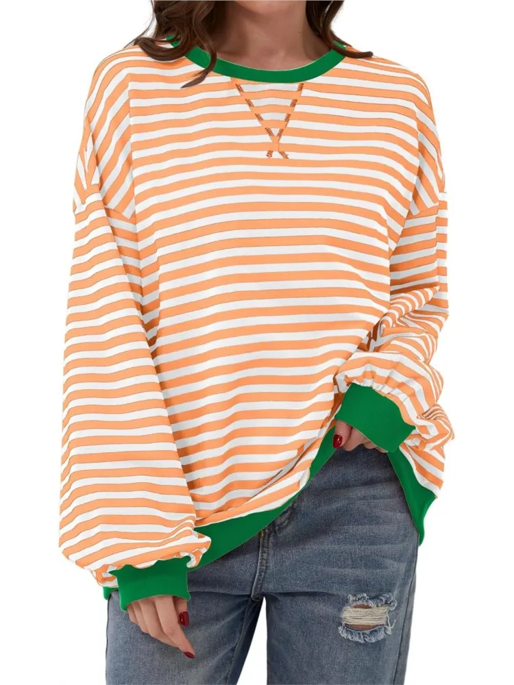 

2025 Long Sleeve Top T Shirt Tees Blusas Contrast Striped Round Neck Simple Style All-match Loose Casual Commuting Home Clothing