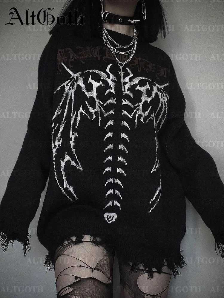 AltGoth Harajuku Cyber Y2k Gothic Sweater Women Streetwear Grunge Emo Alt Skeleton Long Sleeve Loose Casual Knitted Pullovers