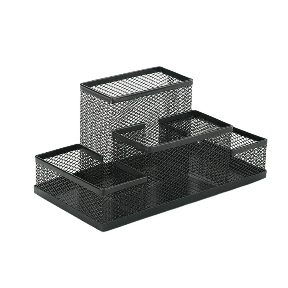 Office Accessories Metal Pen Holder Mesh Design 3/4 Grid Pencil Storage Box Large Capacity Black Desk Stationery Organizer Gift