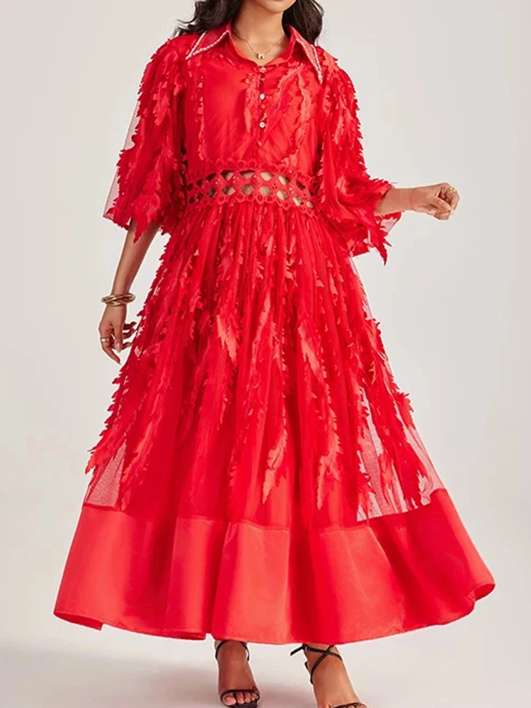 

Spring and summer 2025 new design lapel nail drill short sleeve openwork dress temperament waist tassel big A-shaped dress.