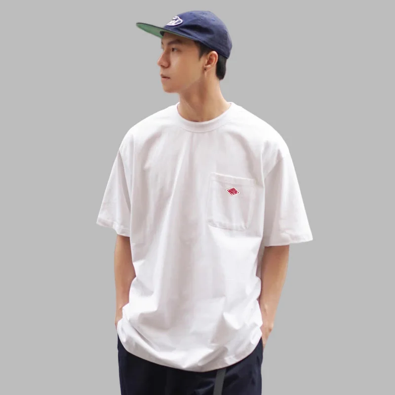 Pure Cotton Short Sleeve T-shirt Loose Simple Basic Round Neck Top Pocket Tees White-Apricot Black Solid color style
