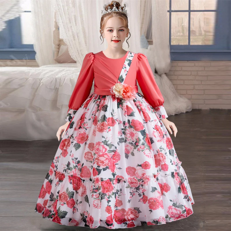 4-12 year old girl flower bow princess dress Fashionable and elegant printed long sleeved casual dress carnival birthday party