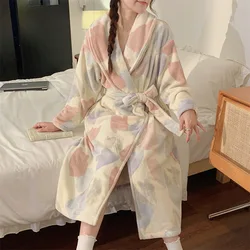 Coral Fleece Nightgown Robe Women's Autumn Winter Nightwear Thickened Long Bathrobe Sleepwear Flannel Nightdress Home Clothes