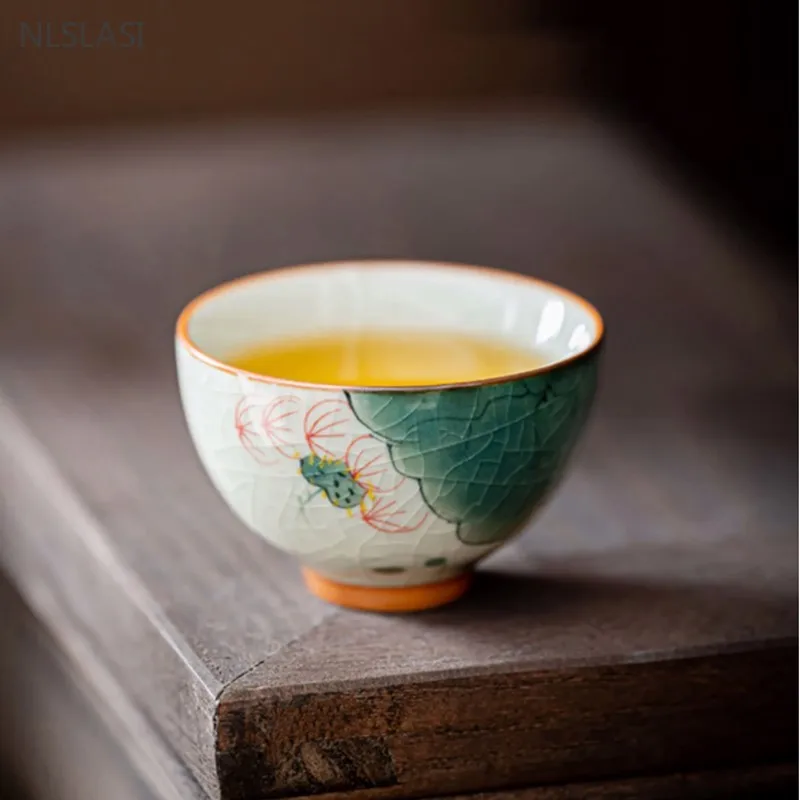 50ml Ge Kiln Ice Crack Glaze Hand-painted Lotus Teacup Ceramic Tea Set Underglaze Color Master Cup Portable Beauty Tea Cup