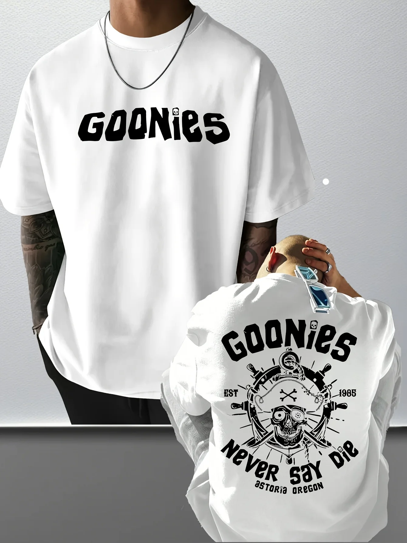 Stilvolles Herren-T-Shirt mit Rundhalsausschnitt und GOONIES-Aufdruck, lässig, sommerlich, kurze Ärmel, beige Herren-T-Shirts für den Sommer