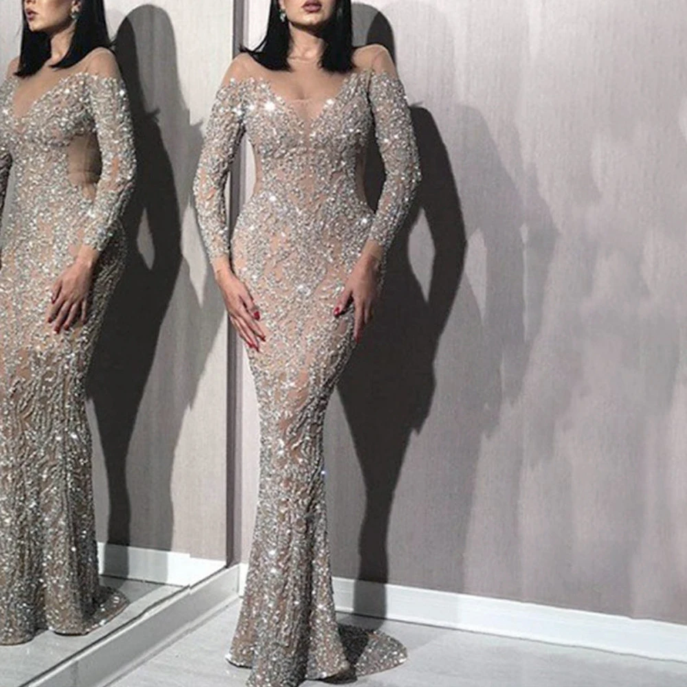 

Women Luxurious Sequins Evening Dress Sexy See-through Crew Neck Long Sleeve Slim High Waist Maxi Party Club Cocktail Dresses