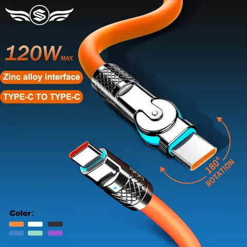 120w 6a Ricarica Super Veloce Tipo C Silicone 180 °   Cavo dati TYPE-C a gomito rotante Cavo USB da 1M 2M Cavo caricabatterie da USB C a C