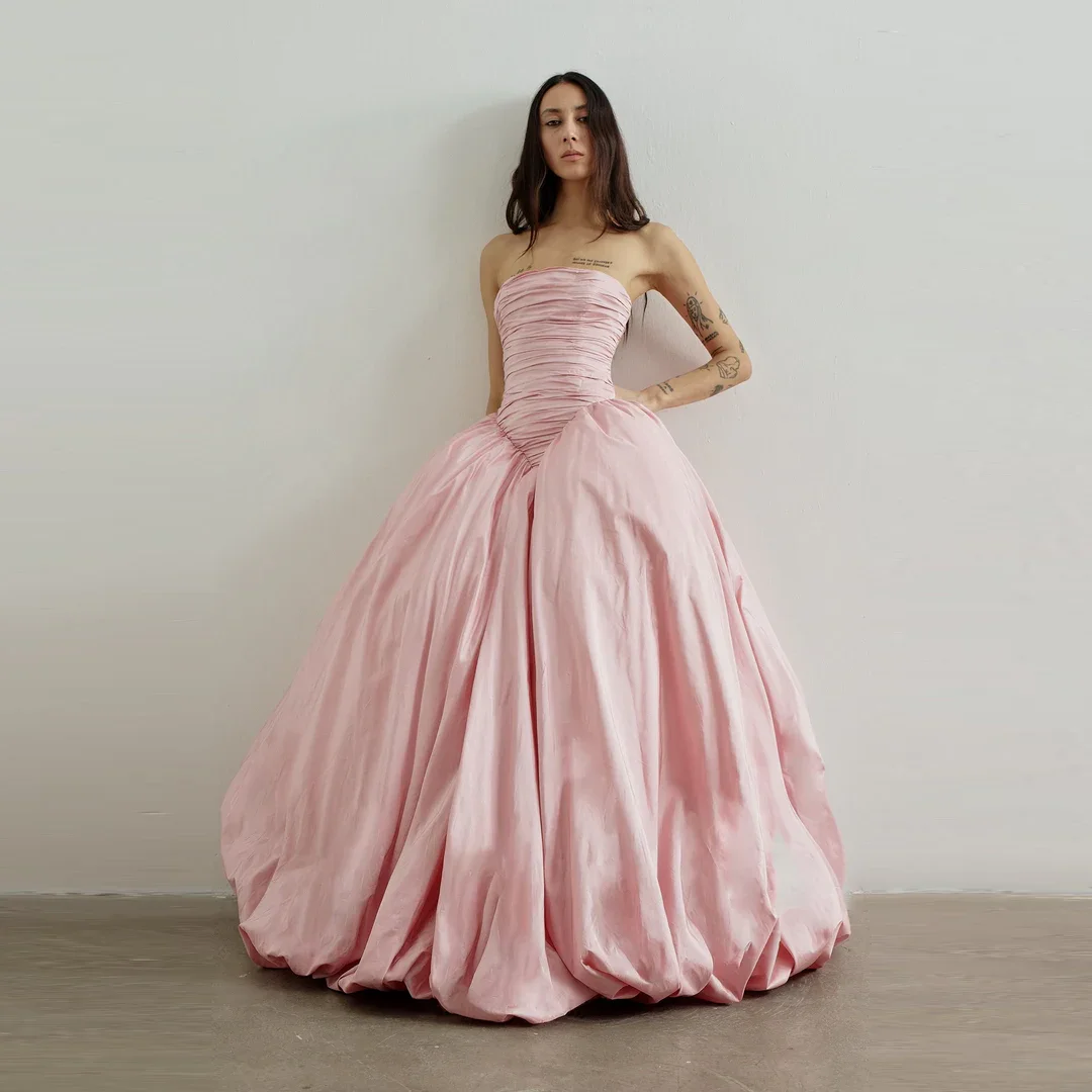 

Luxury Taffeta Wedding Gowns Sleeveless Strapless Draped Pink Long Prom Dresses A Line Backless Romance Formal Dress Ruched