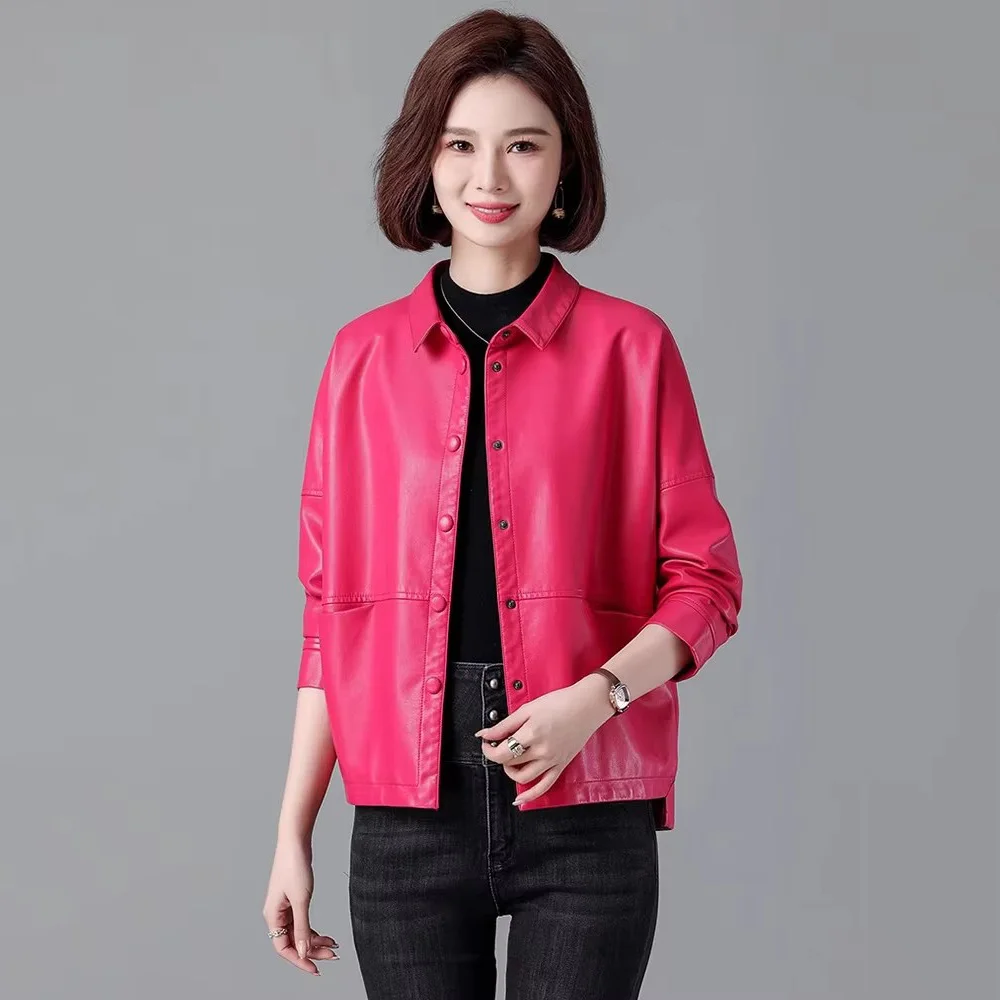 New Women Casual Loose Leather Jacket Spring Autumn Fashion Small Turn-down Collar Single Breasted Short Split Leather Coat