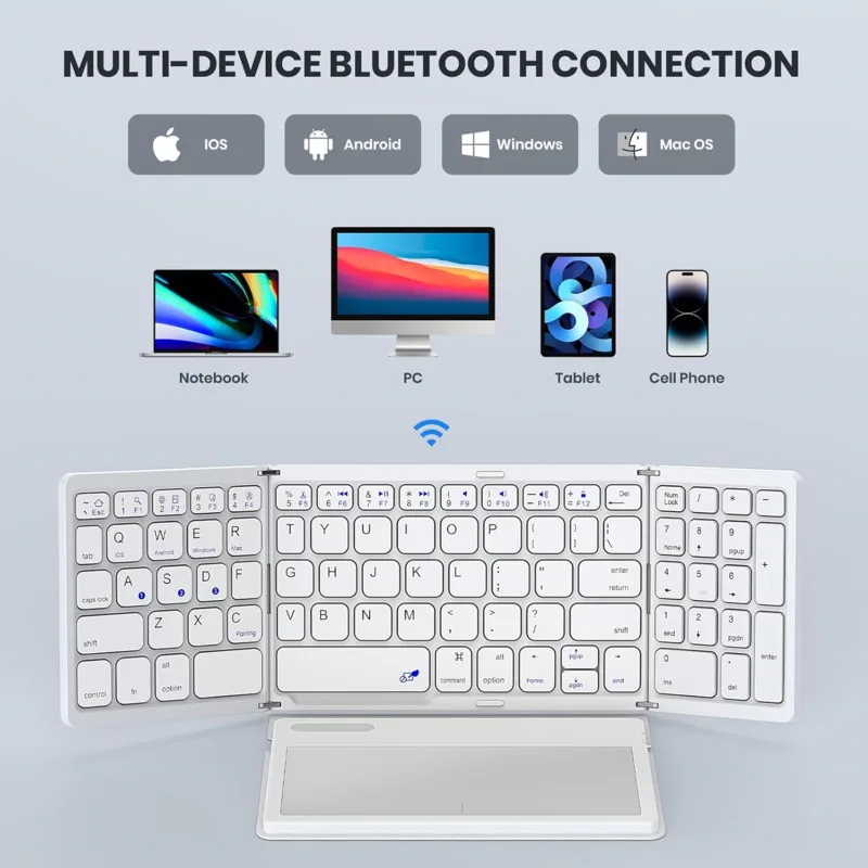 Leather Foldable Three BT Connection Wireless Keyboard With Large Toupad Full Size 80 Keys Rechargeable Wireless Silent Keyboard