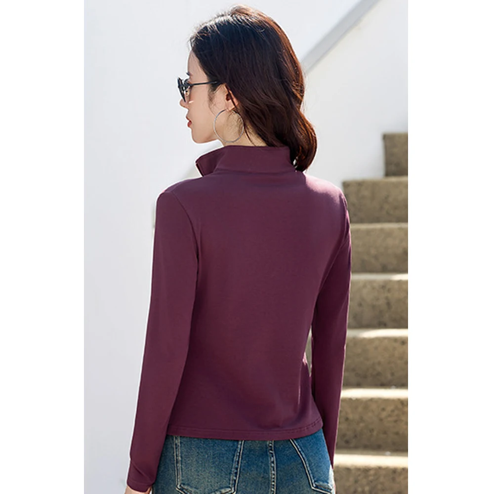 تي شيرت أزرق بأكمام طويلة على الطراز الكوري للنساء لخريف جديد من القطن الراقية بالإضافة إلى سحاب علوي غير رسمي برقبة عالية #2