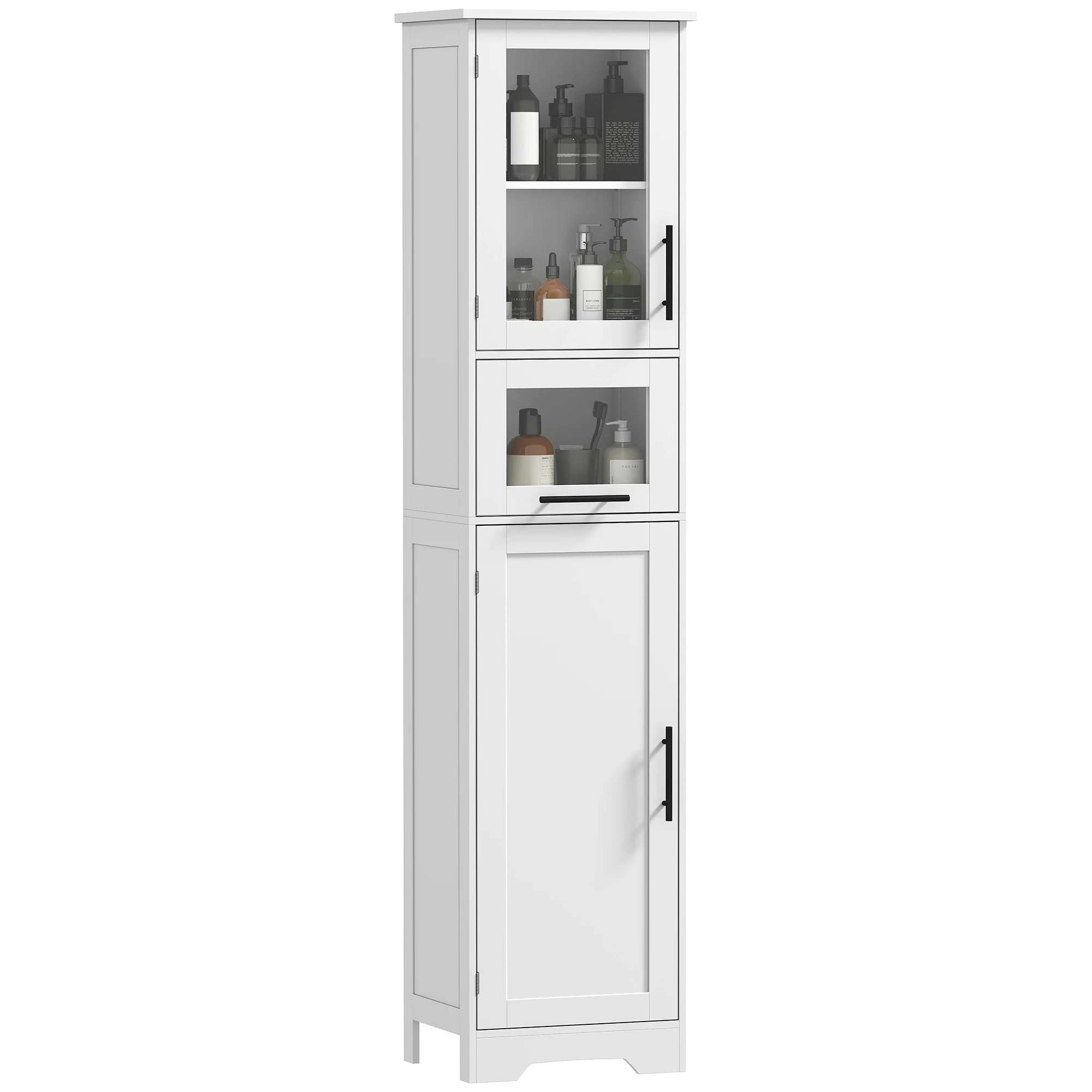 HOMCOM Armario de Baño Alto, Mueble Auxiliar de Baño con Puerta de Vidrio, Estantes Ajustables, Cajón, Columna Estrecha