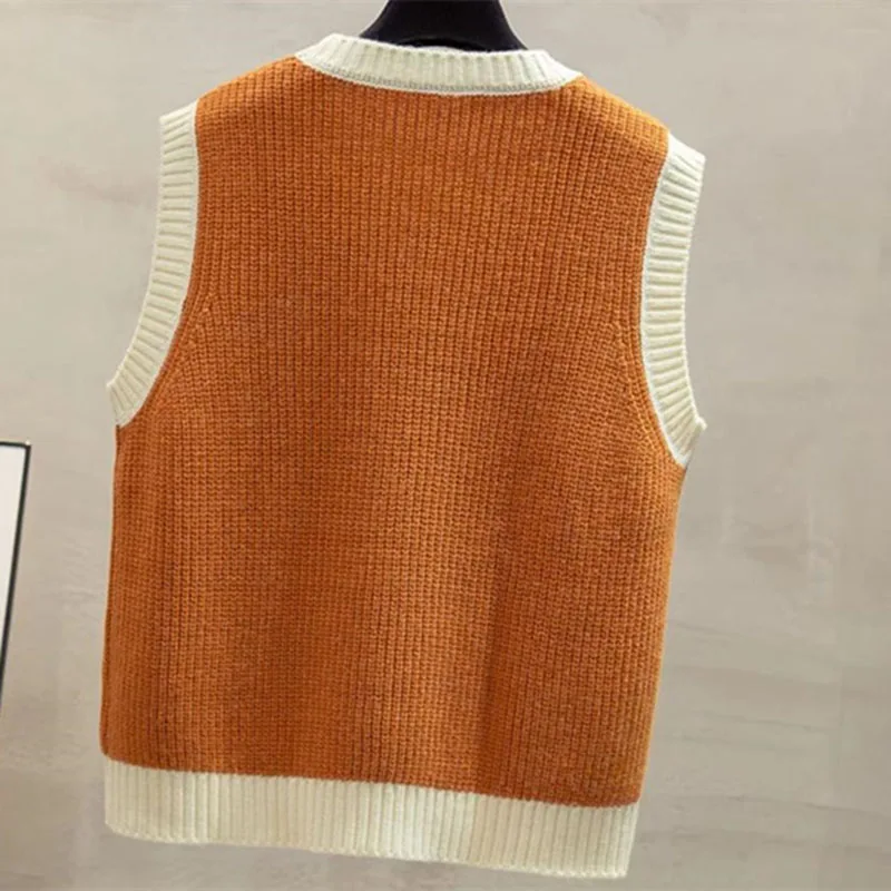 Ladies Round Neck Sweater Sleeveless Korean Women Loose Pullover Knitted Vest Autumn Female Color Blocked Knitting Waistcoat