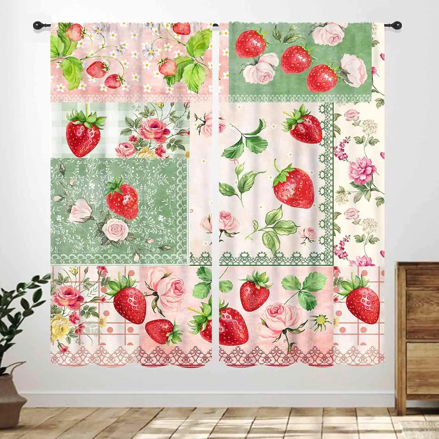 Pink Green Patchwork Strawberry Rose Lace Blackout Rod Pocket Curtain Plaid Floral Splicing Sweet Decor Girls Homestay Bedroom
