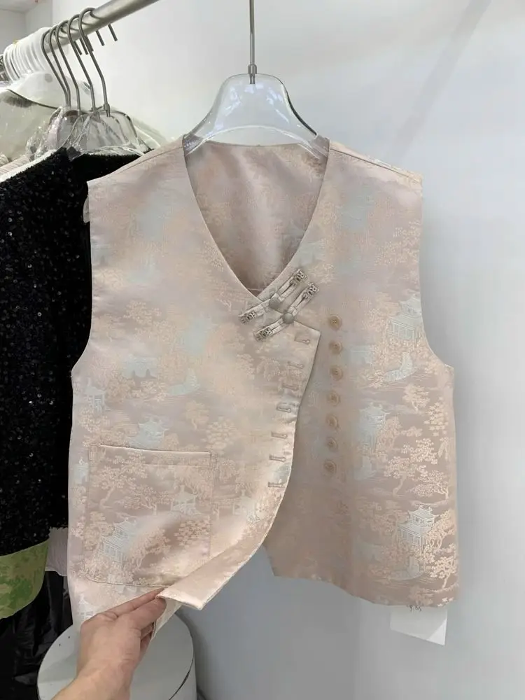Gilet in raso di seta con stampa floreale Top da donna senza maniche con scollo a V vintage Top con fibbia retrò in stile cinese