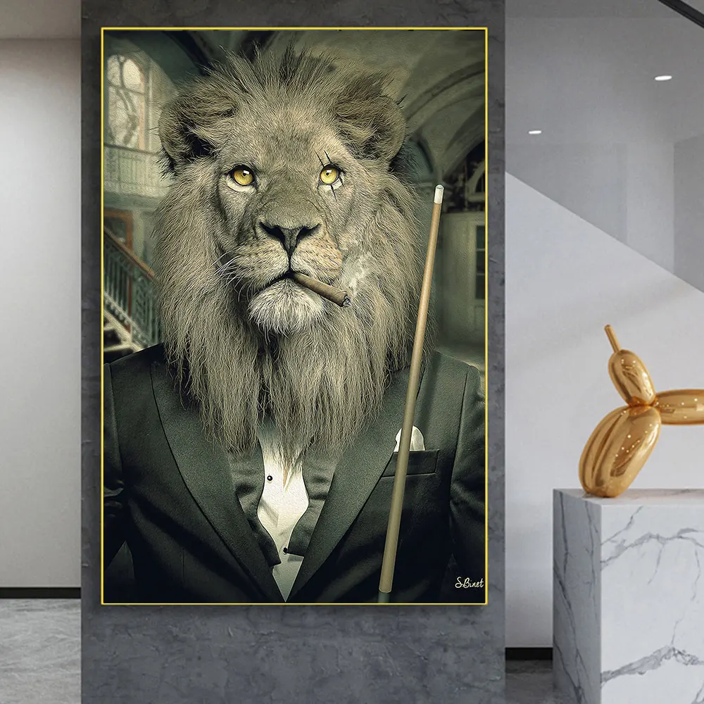 Lion In A SuitArt Canvas Print Painting Billiard Cue Gentleman Animal Wall Picture for Living Room Home Decoration Posters Gift