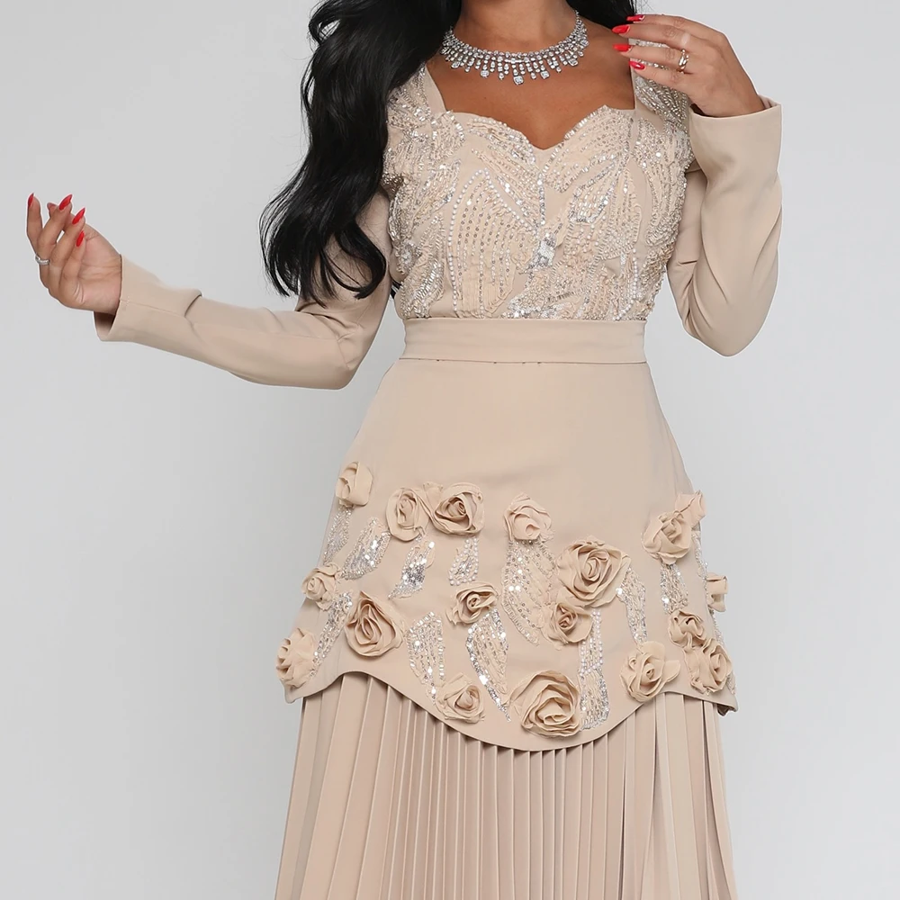 Customized A-line Evening Dresses Ankle-length V-neck Full Sleeve Prom Gown Fashion Flowers Sequined Simple Draped Party Gown 4