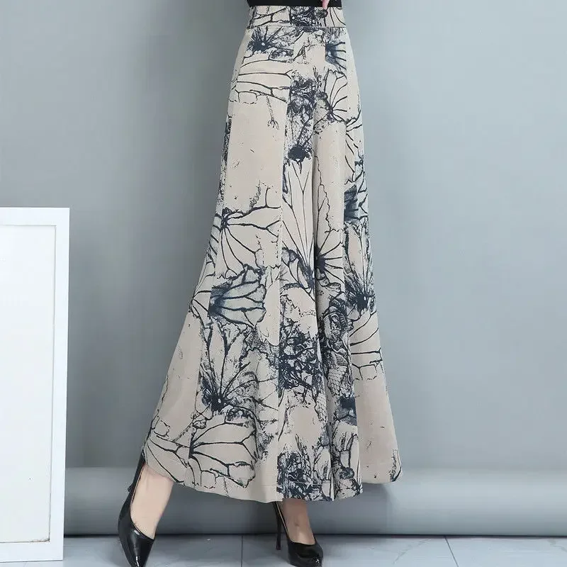 

Summer Women Clothes Elegant Vintage Floral Print High Waist Wide Leg Pants Korean Fashion Thin Cropped Trousers Pantalones L68