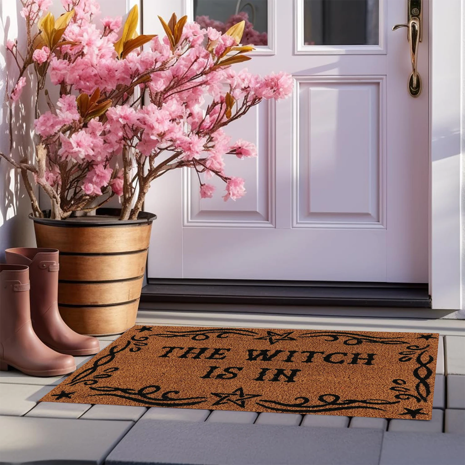 The Witch Is in Wiccan Scroll Doormat, Metaphysical Magic Witcraft Halloween Themed Door Mats, Rubber Backing Floor Mat Outdoor