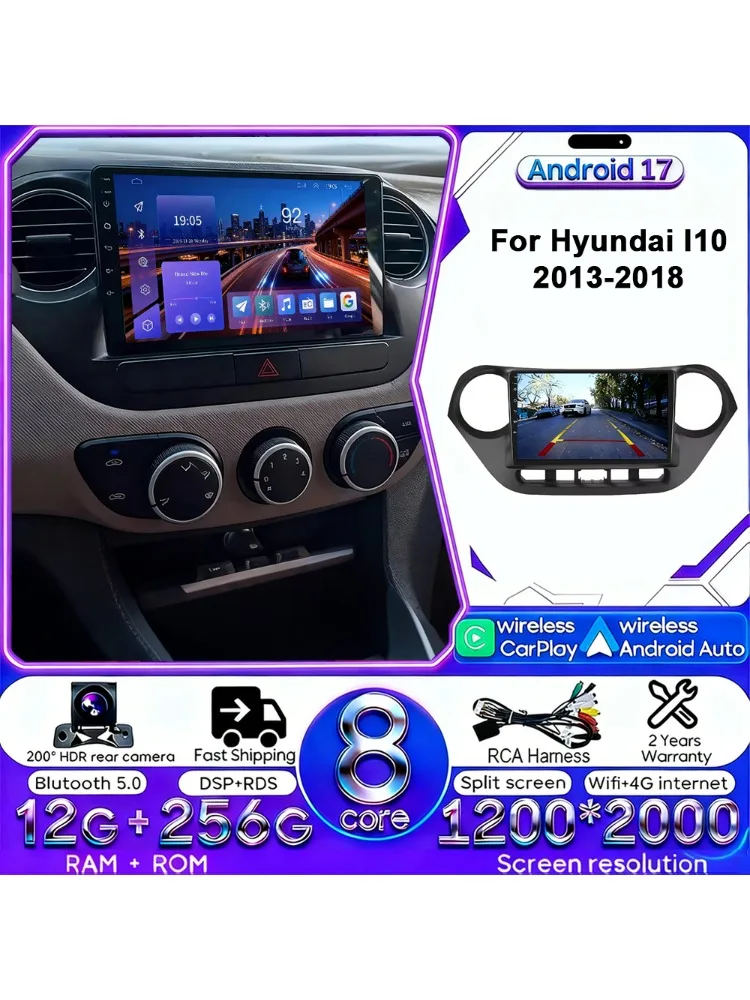 Android 17 2Din Carplay Android Auto 4G WIFI autoradio voor Hyundai I10 2013-2018 GPS DSP BT touchscreen multimediasysteem - afbeelding 2