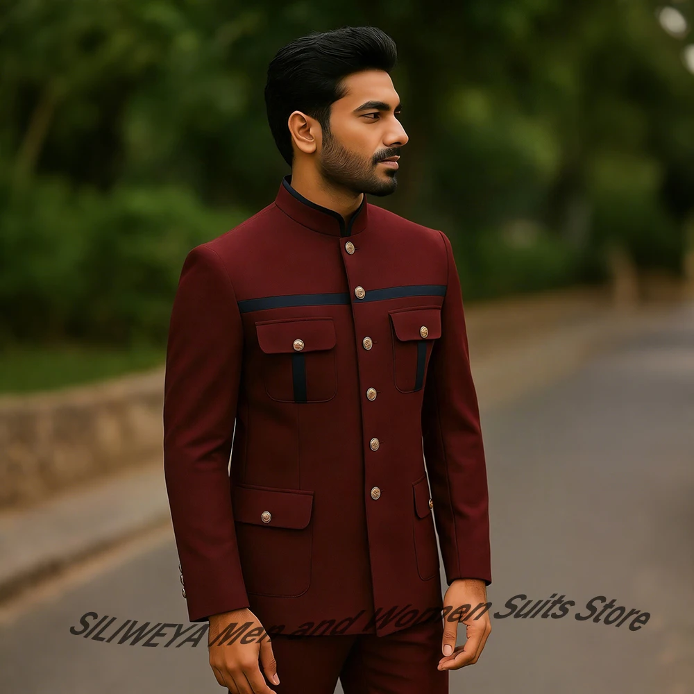 

Men's Maroon Bandhgala Suit Jacket Mandarin Single Breasted Blazer+Pants 2 Pieces Set for Weddings & Formal Evening Parties