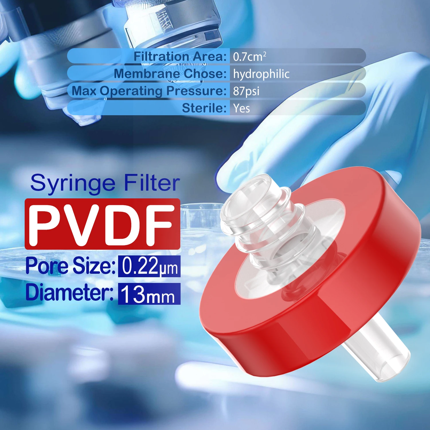 Sterile Syringe Filters,PVDF Hydrophilic Membrane 0.22μm Pore Size,13mm Diameter,10/25/50/100 Pcs Individually Packed by Ks-Tek