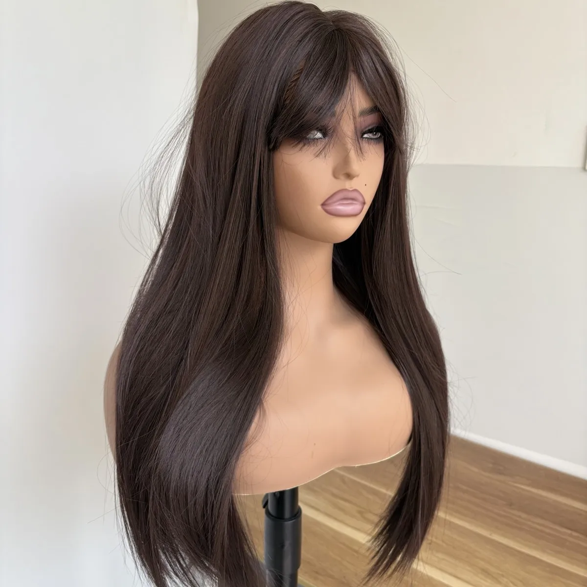 

Dark brown Long Straight Cosplay Wig With Bangs Heat Resistant Synthetic Hair