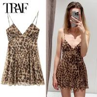 TRAF Womens Leopard Slip Dresses Summer 2025 Mini Tulle Print Backless Dress Vintage Mesh Sleeveless Vestidos Chic Resort Dress