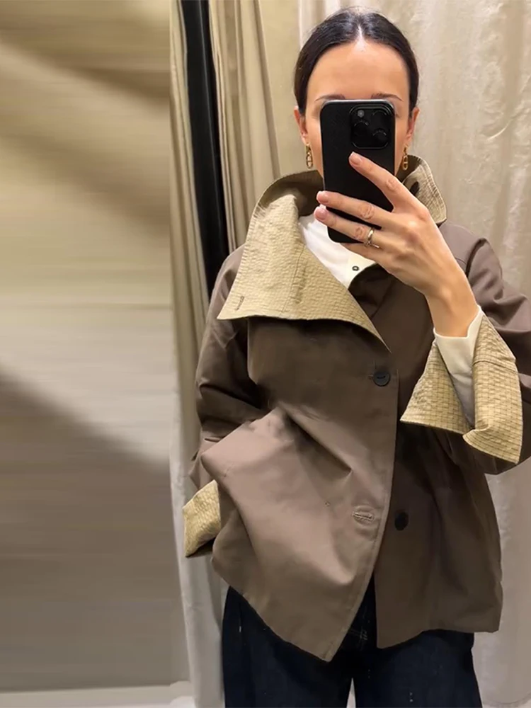 Chic Double Side Women Jacket Stand Collar Pockets Long Sleeve Single Breasted Plaid Female Coat Casual Outwear Office Spring