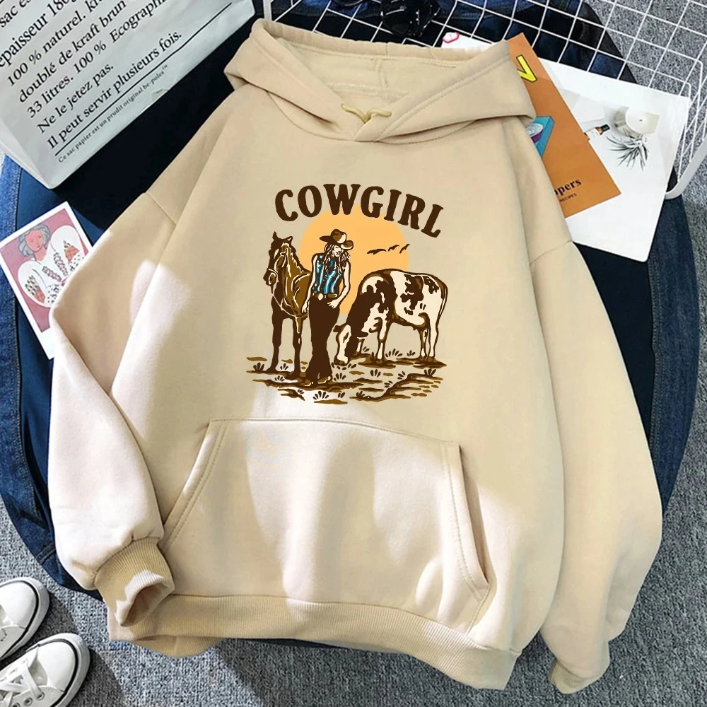 Sudadera con capucha de la vaquera y su vaca y el caballo viven en el oeste para mujer, sudaderas con capucha de calle de Hip Hop, ropa con bolsillo y cuello redondo, Jersey holgado