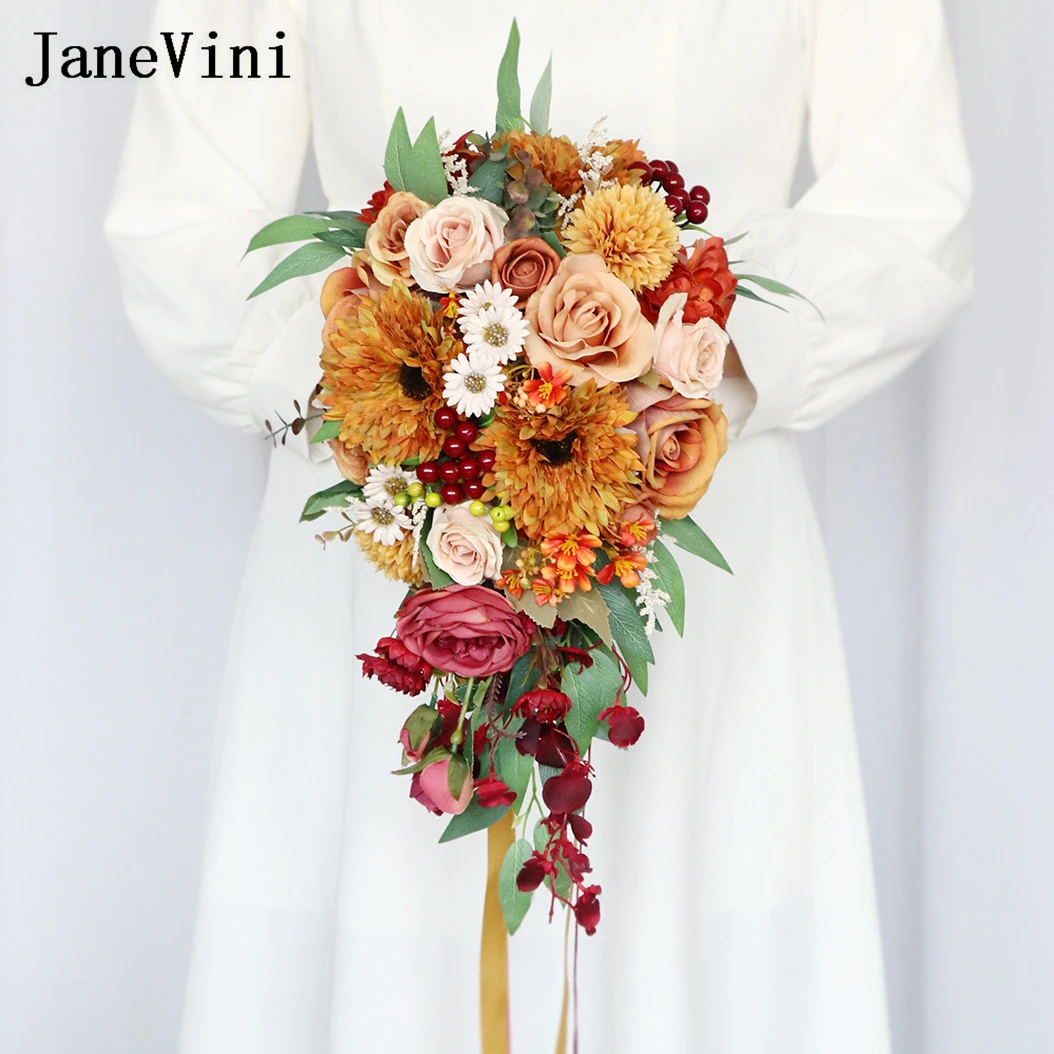 JaneVini Artificial Sunflower Cascading Bridal Bouquet Burnt Orange European Style Waterfall Bride Wedding Bouquet Hand Flowers