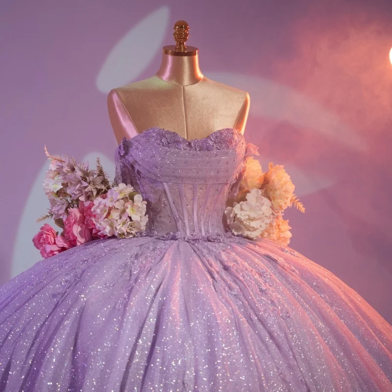 

Shiny Lavender Quinceanera Dress Glitter Crystal Beadwork Decal Long tail off-shoulder Bow Vestidos De 15 Quinceanera ﻿Customize
