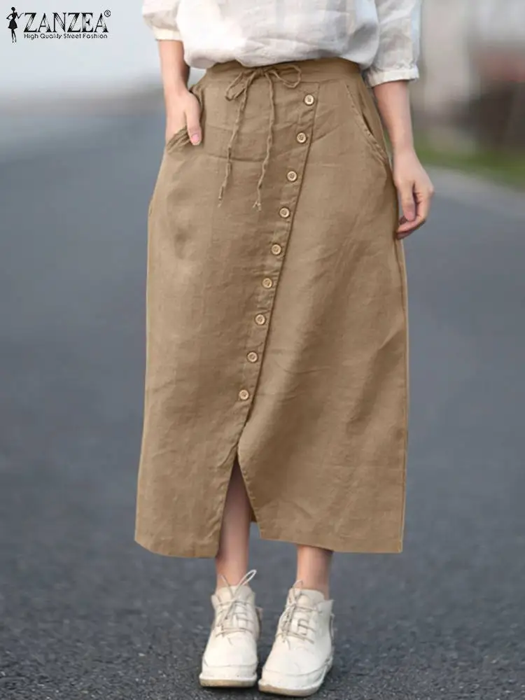 ZANZEA 2023 Autumn Vintage Elastic Waist Solid Midi Skirts Women Casual Split Hem Party Skirt Retro Cotton Faldas Saia Work Jupe