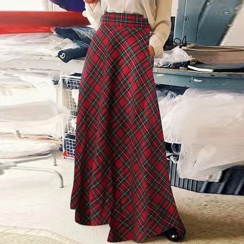 Autumn Winter Women Skirt Korean Style Retro Plaid A-line Skirt Fashion Loose High Waist Stretch Party Long Skirt S-5XL(UK 8-24)