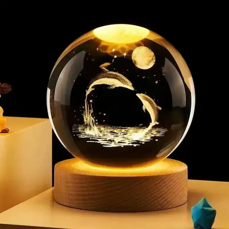 Crystal Ball Lamp Chic Globe Nightlight Decorative Crystal Ball With LED Base Etched Glass Animal Lamp Figurines For Living Room