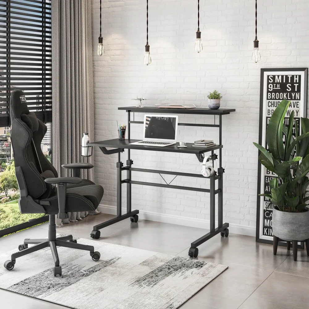 

Techni Mobili Rolling Writing Desk with Height Adjustable Desktop and Moveable Shelf, Black
